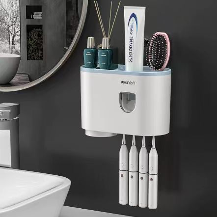 White toothbrush holder with drawer and six slots for toothbrush handles, wall-mounted