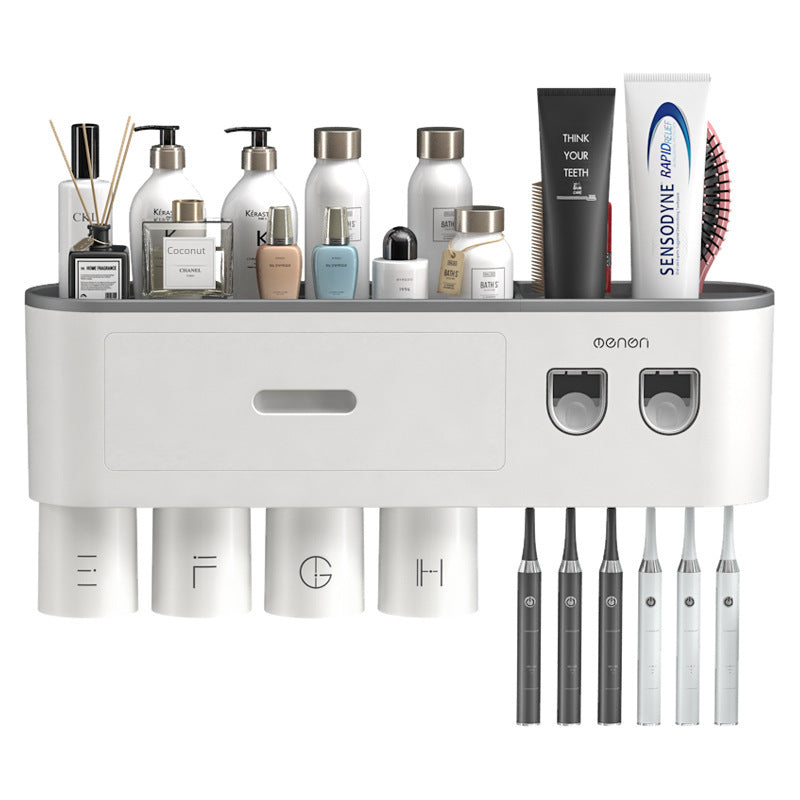 White wall toothbrush organizer with drawer, four base slots, and six toothbrush holders