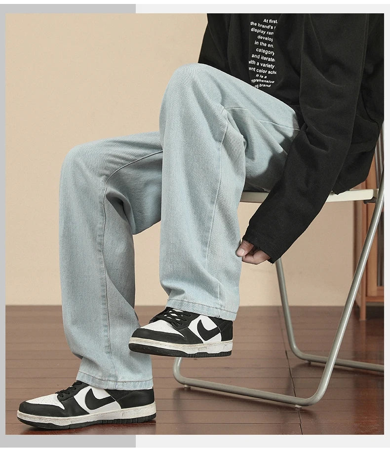 Fashion Men's Casual Ankle-Length Jeans Classic Man Straight Denim Wide-leg Pants.