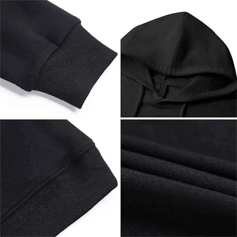 Black hoodie sleeve cuff and hem close-up with ribbed knit trim.
