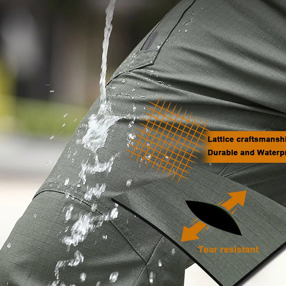 Olive green cargo pants fabric with water-splash resistant texture
