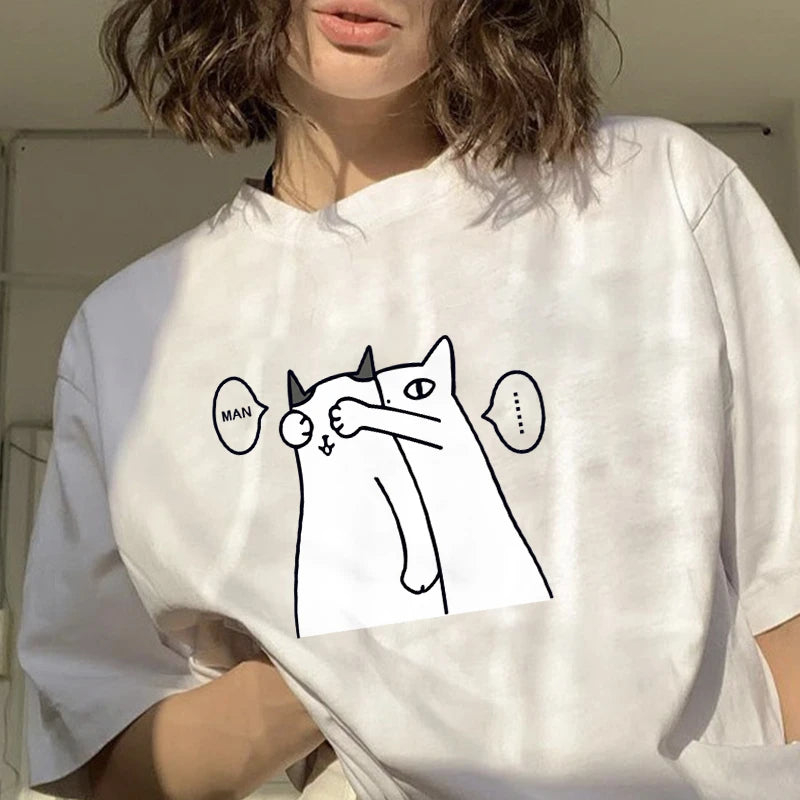 White women short-sleeve shirt with bold cat graphic print on the chest