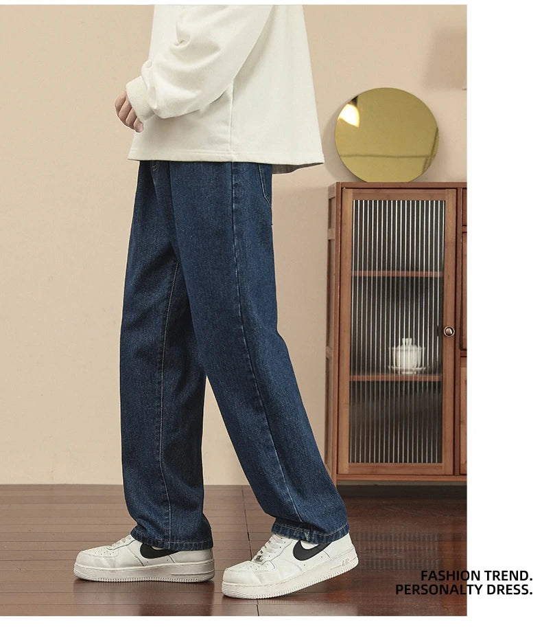 Fashion Men's Casual Ankle-Length Jeans Classic Man Straight Denim Wide-leg Pants.