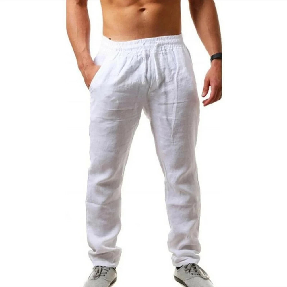 White cotton-linen long trousers with elastic waistband and tapered legs
