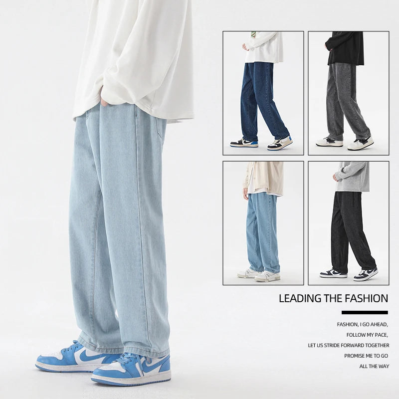 Light blue wide-leg ankle-length denim jeans with straight leg and cuffed hem