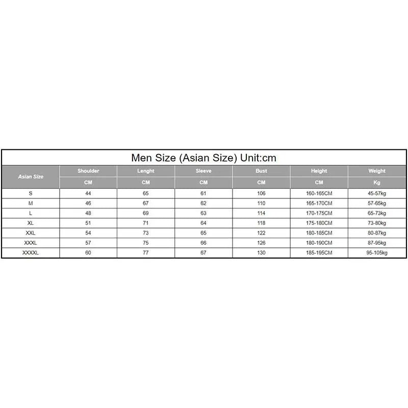 Men's jacket size chart with height and weight measurements (Asian size)