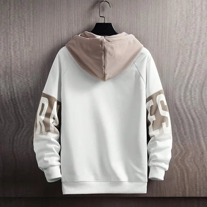 White pullover hooded sweatshirt with tan hood lining and long sleeves