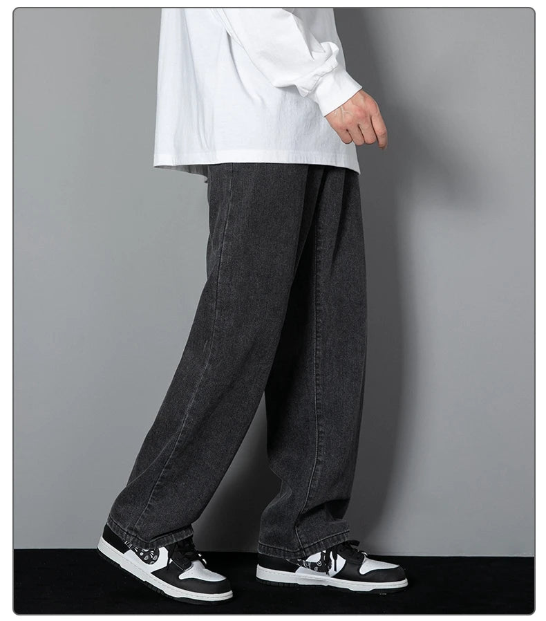Mens wide-leg long jeans, dark charcoal denim, relaxed straight fit, belt loops