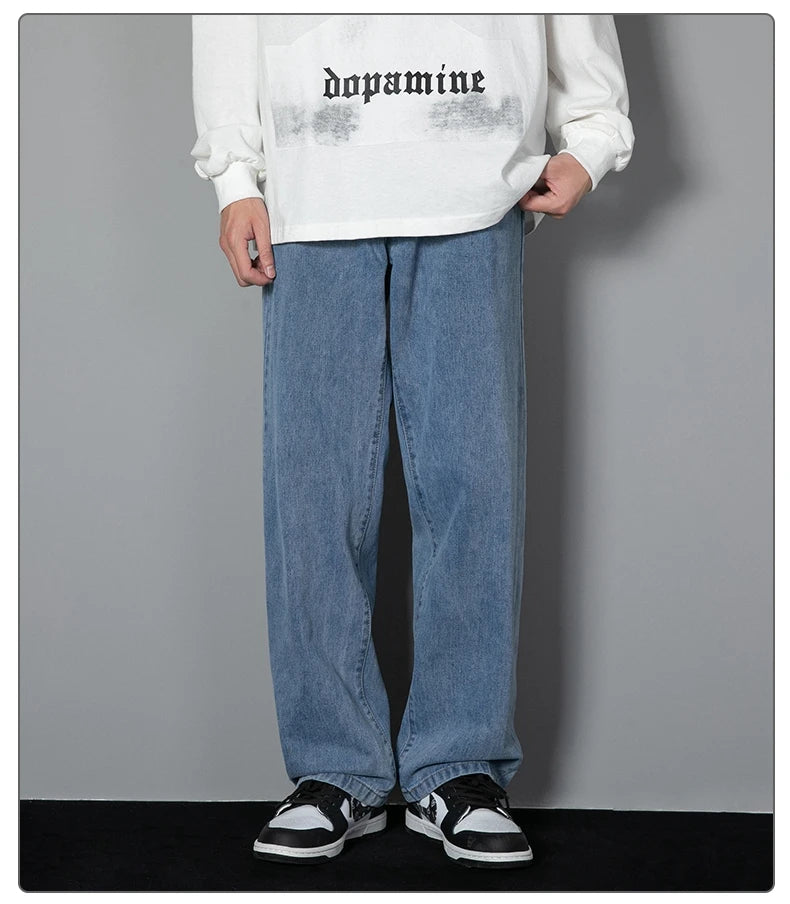 Mens wide-leg long jeans, light blue denim, loose straight legs, side seam details