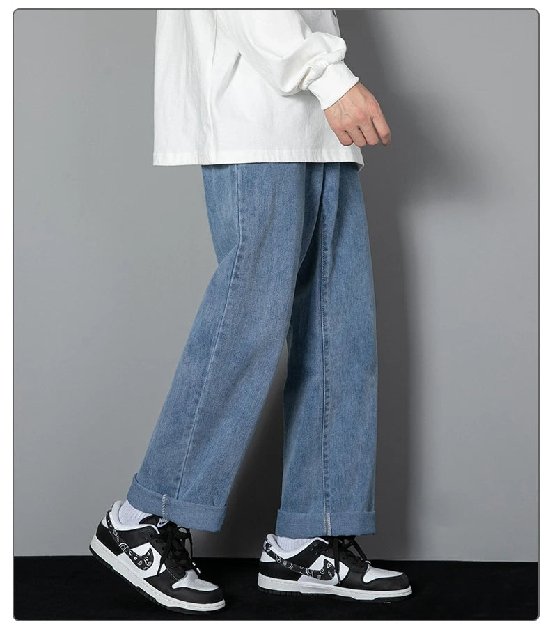 Mens wide-leg long jeans, light blue denim, wide leg silhouette, stitched seams