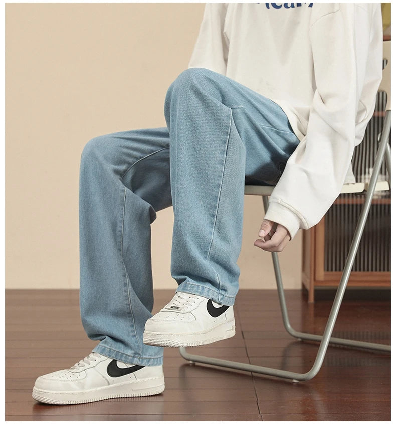 Fashion Men's Casual Ankle-Length Jeans Classic Man Straight Denim Wide-leg Pants.