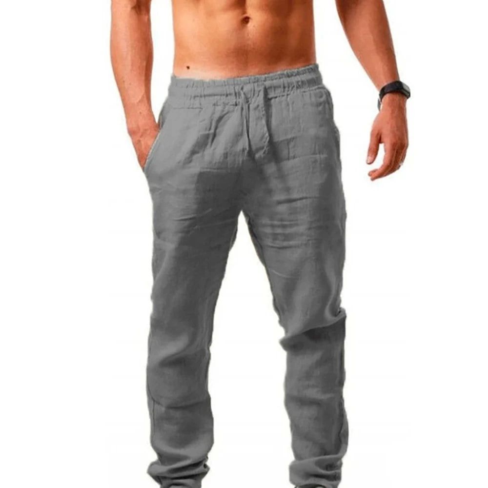Dark grey cotton-linen long trousers with elastic waistband and tapered legs