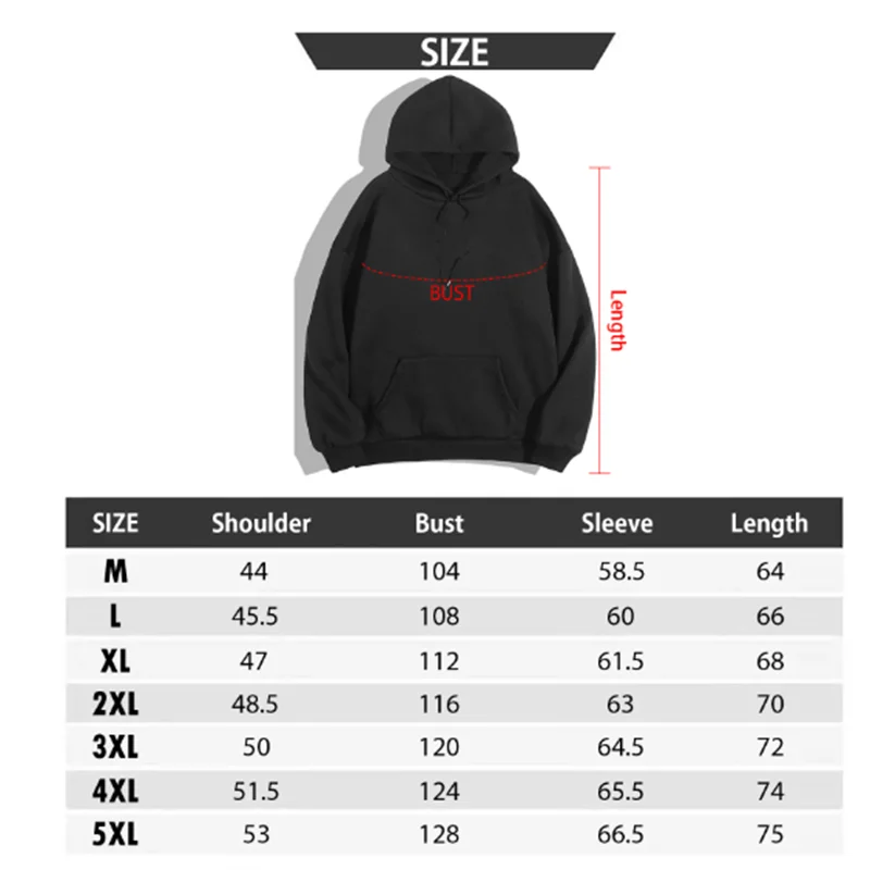 Black unisex pullover hoodie front view with hood, pocket, and length diagram.