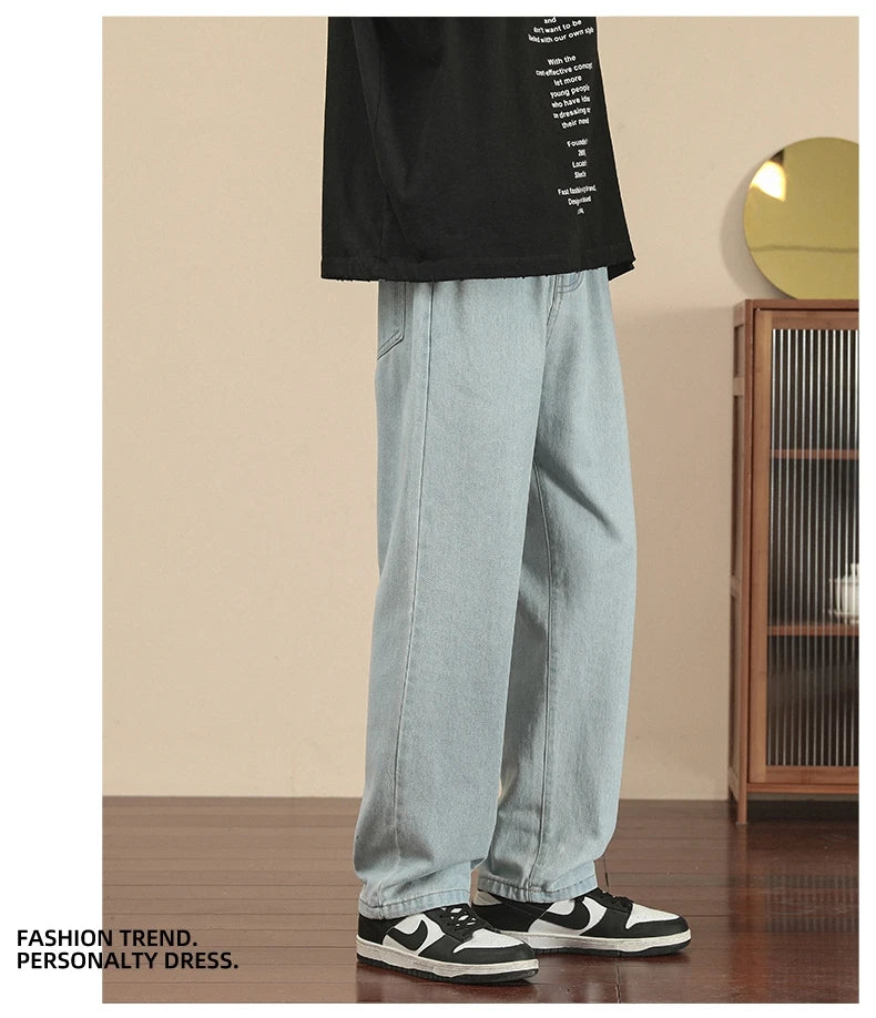 Fashion Men's Casual Ankle-Length Jeans Classic Man Straight Denim Wide-leg Pants.