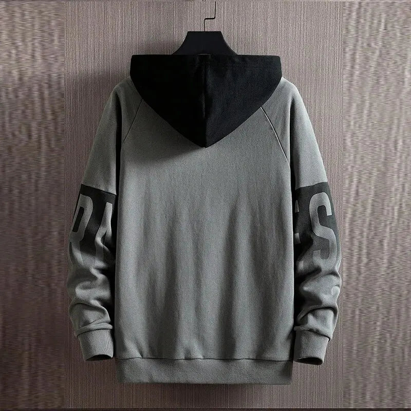 Light gray pullover hooded sweatshirt with dark hood lining and long sleeves