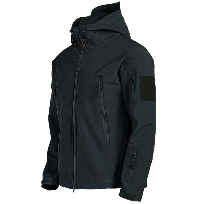 Men's windproof military jacket, dark navy, full-zip with stand collar and multiple pockets