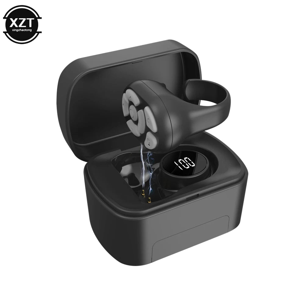 Black ring Bluetooth page turner in open charging case, with illuminated button display