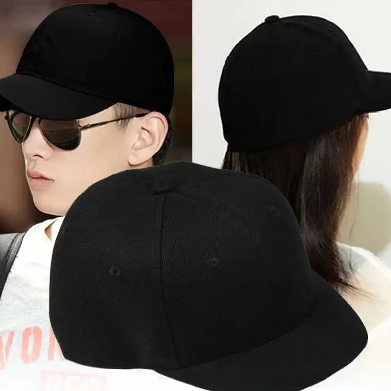 Solid color baseball cap, black, curved brim; front and side views