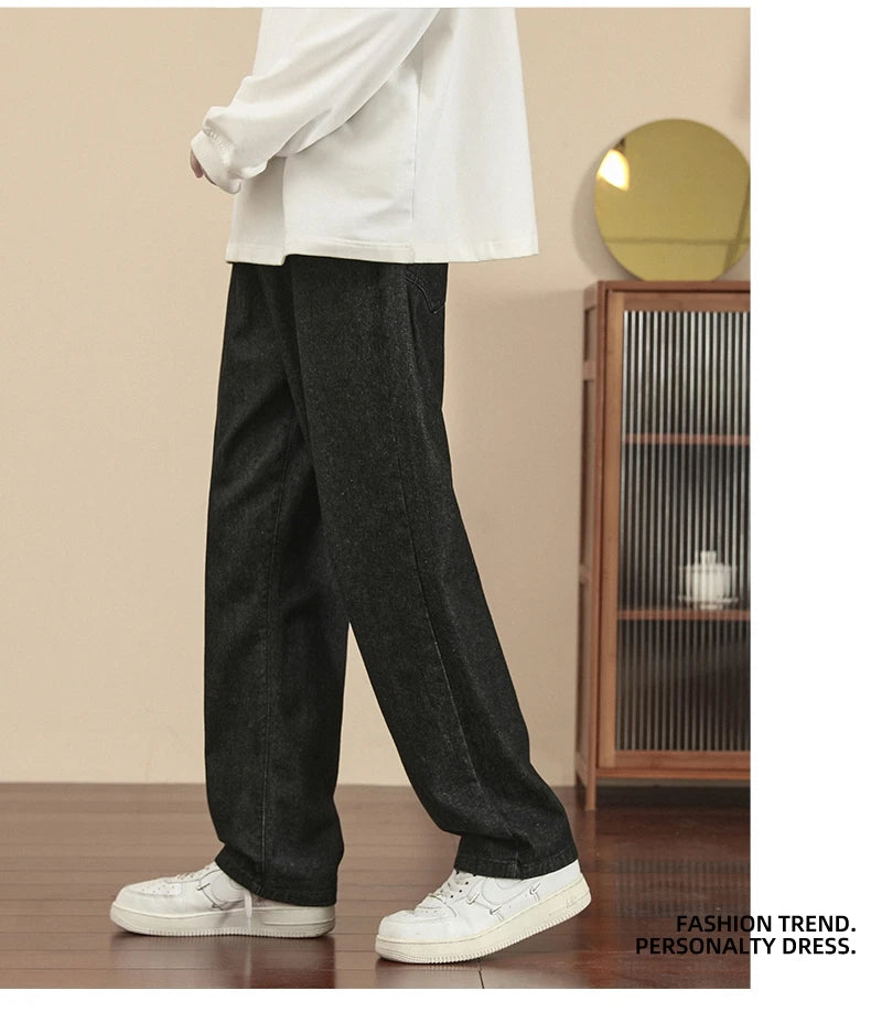 Fashion Men's Casual Ankle-Length Jeans Classic Man Straight Denim Wide-leg Pants.