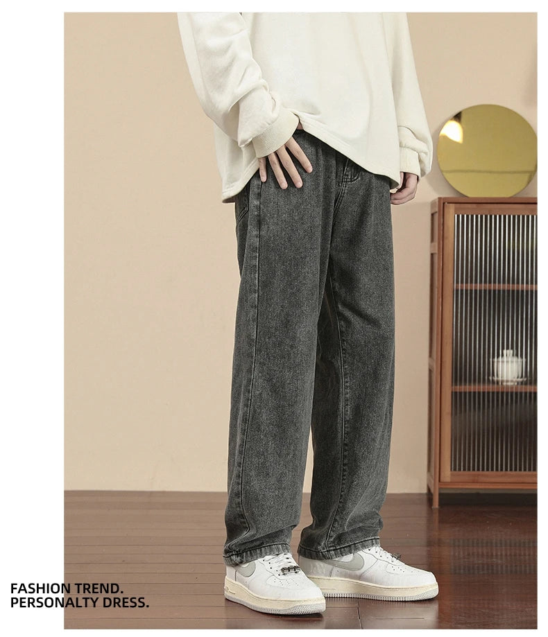 Fashion Men's Casual Ankle-Length Jeans Classic Man Straight Denim Wide-leg Pants.