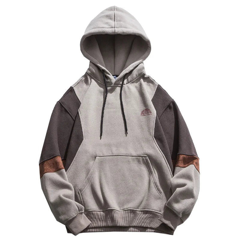 Men���s gray pullover hoodie with drawstring hood, front pocket, and ribbed cuffs