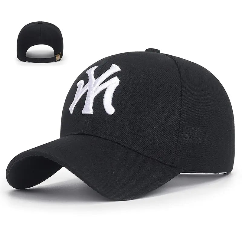 Black baseball cap with curved brim and white NY logo patch on front
