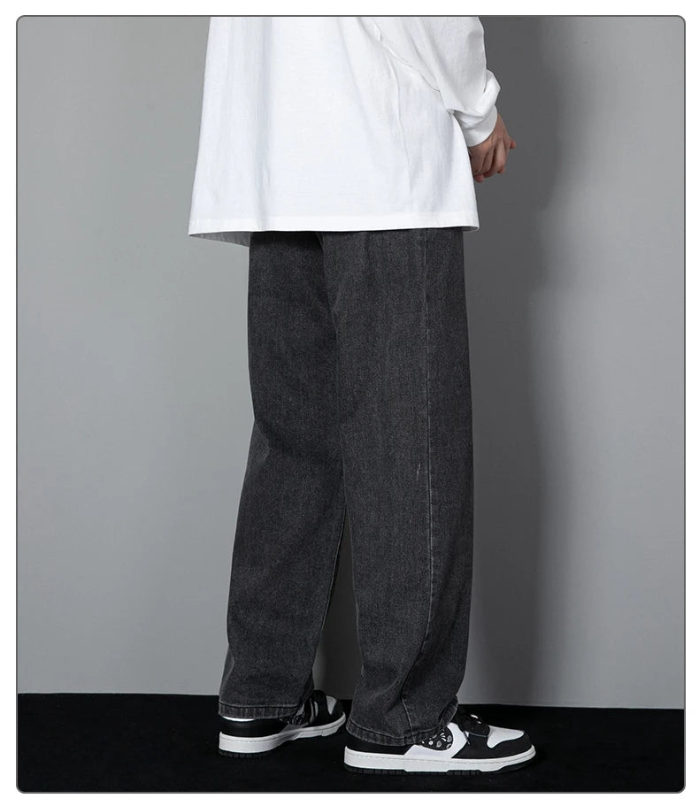 Mens wide-leg long jeans, dark gray denim, relaxed straight fit, cuffed hems
