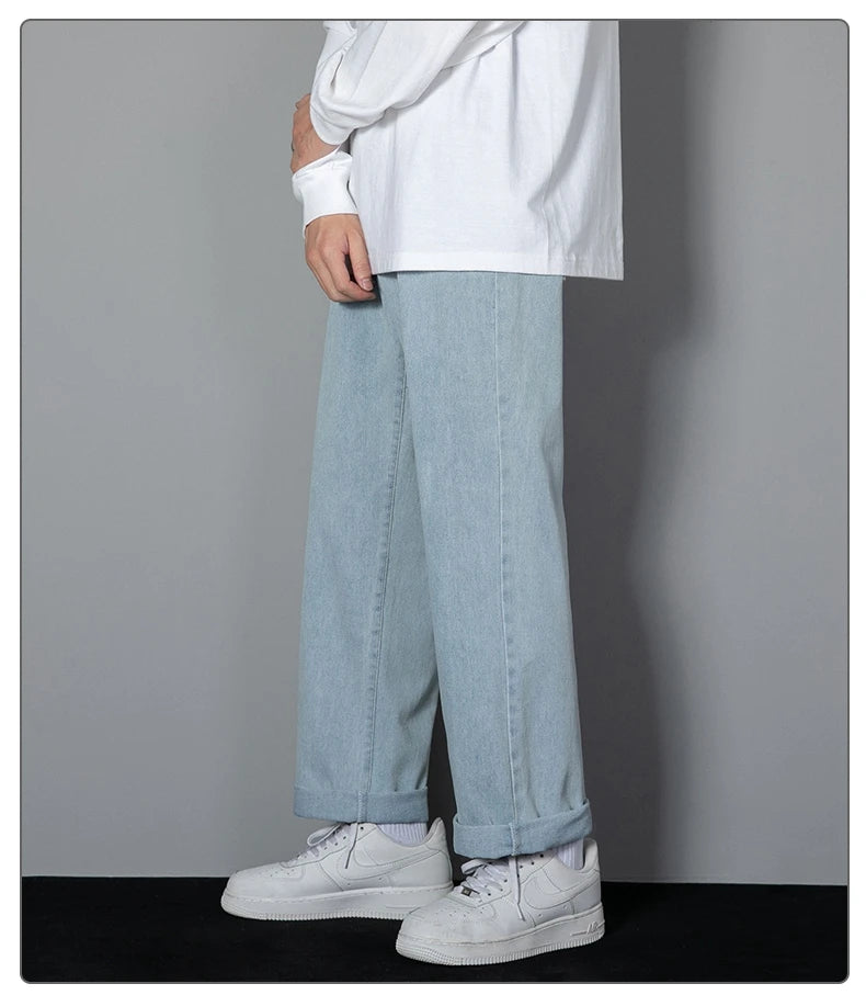 Men's Casual Long Jeans Classic Man Straight Denim Wide-leg .