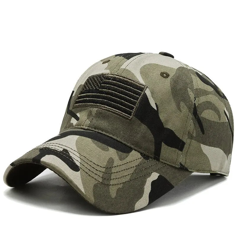 Camouflage baseball cap with curved brim and textured front patch, adjustable strap.