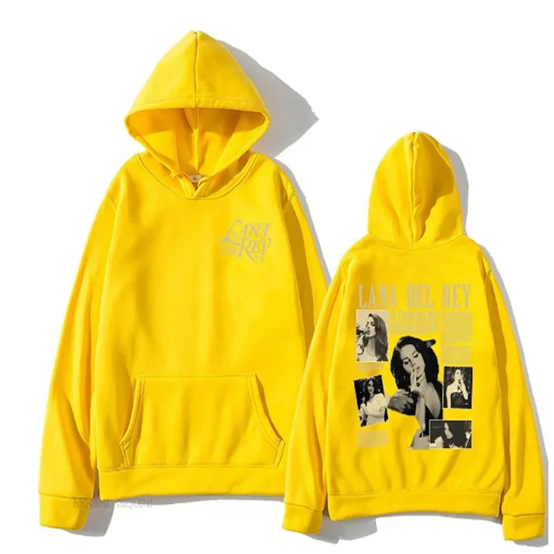 Yellow pullover hoodie with hood, front pocket, and Lana Del Rey graphic print