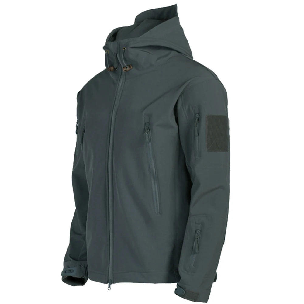Men's windproof military jacket, dark blue, side view with full-zip and hood
