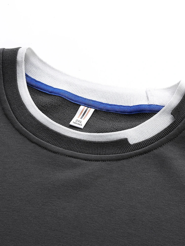 Round-neck sweater collar with white ribbing and blue inner accent