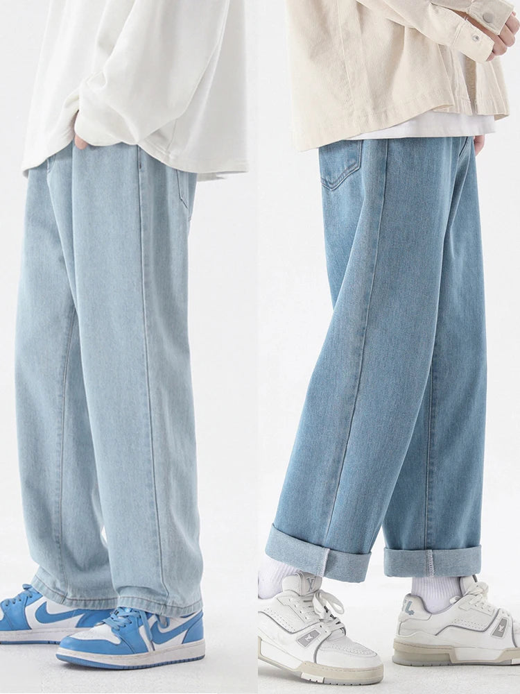 Fashion Men's Casual Ankle-Length Jeans Classic Man Straight Denim Wide-leg Pants.