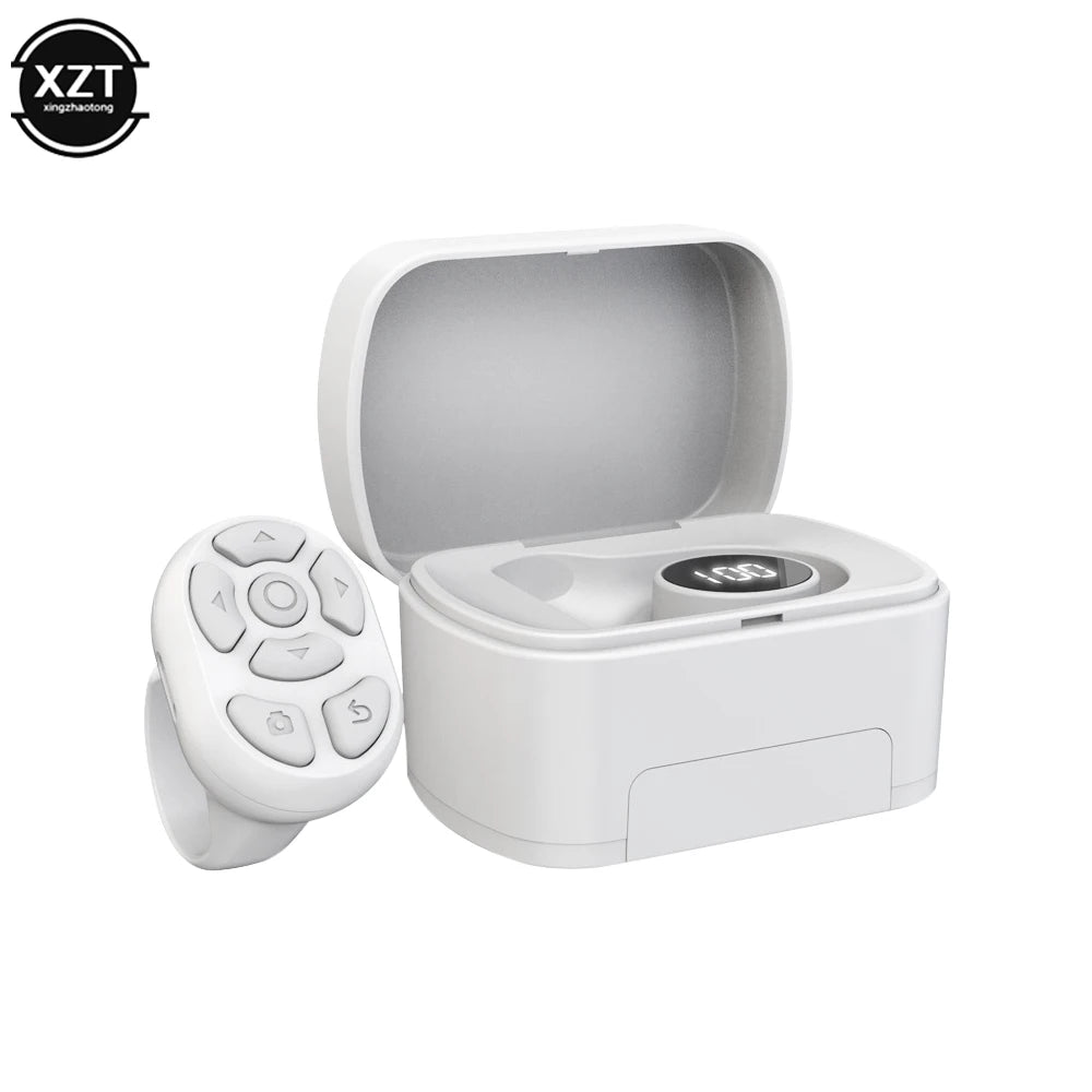 White Bluetooth page-turner ring remote and open charging case