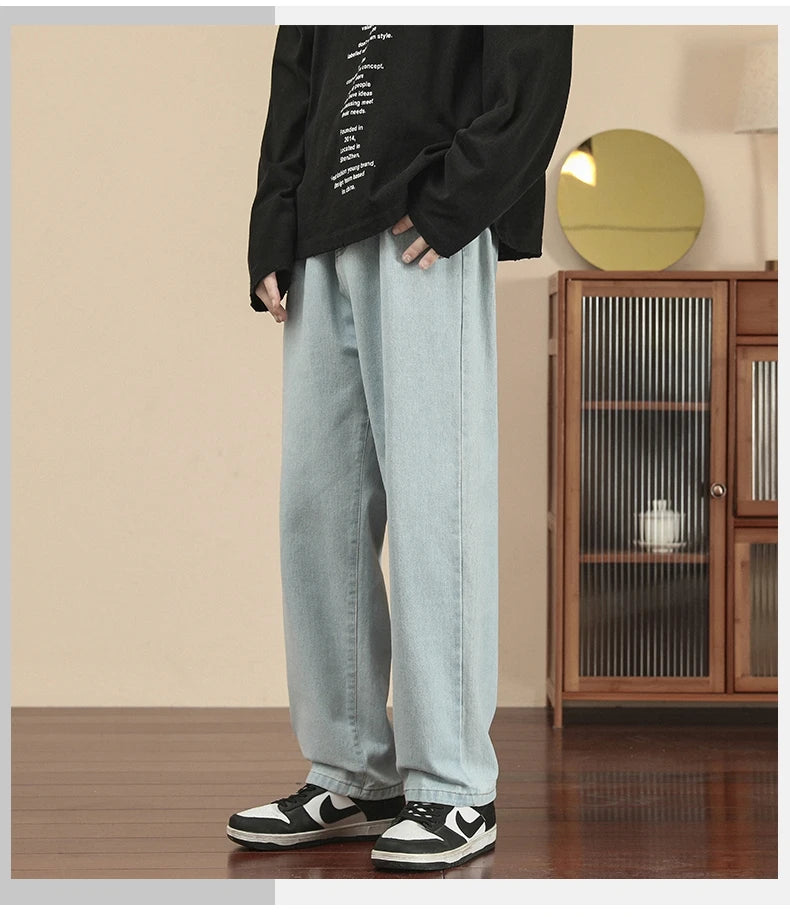 Fashion Men's Casual Ankle-Length Jeans Classic Man Straight Denim Wide-leg Pants.