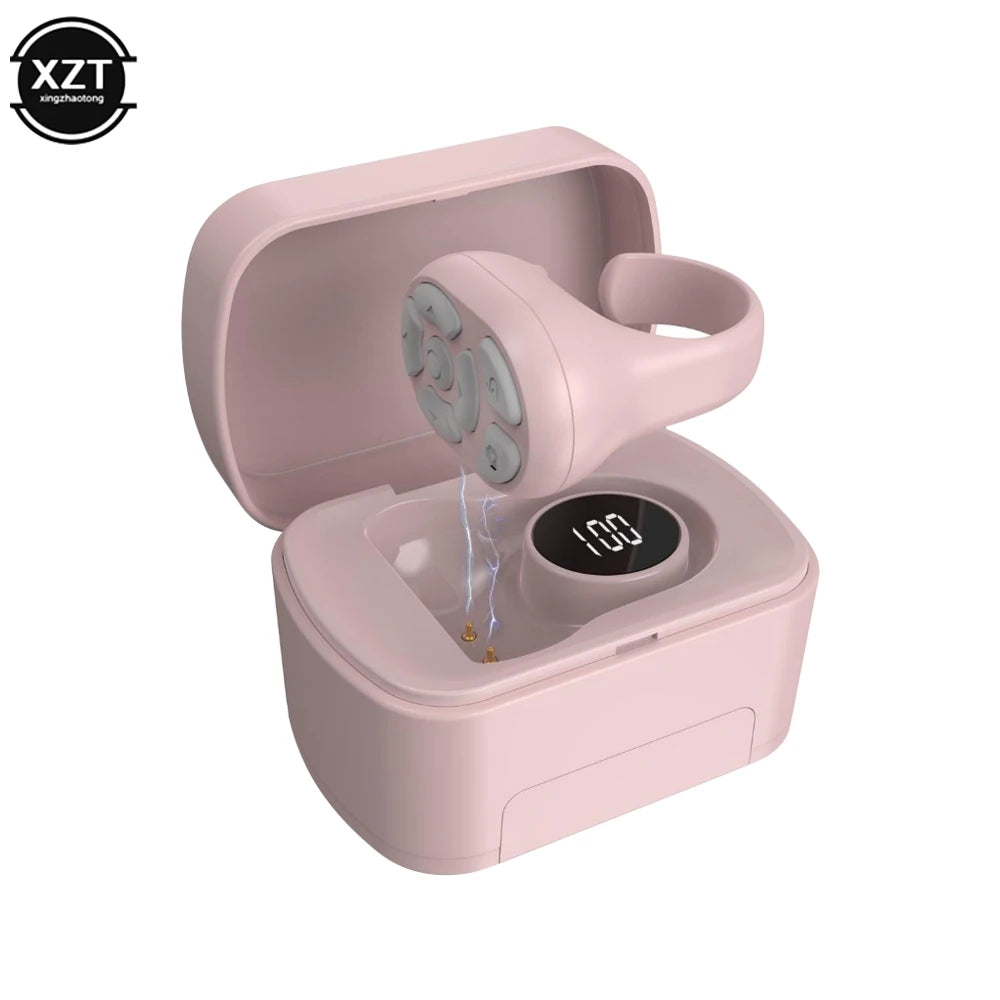 Pink Bluetooth page-turner remote in charging case with ring controller
