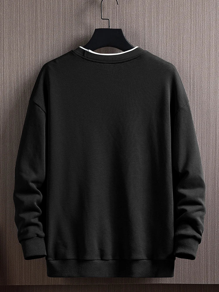 Men's black round-neck pullover sweater with ribbed cuffs and hem