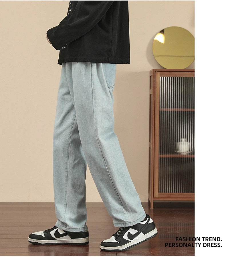 Fashion Men's Casual Ankle-Length Jeans Classic Man Straight Denim Wide-leg Pants.