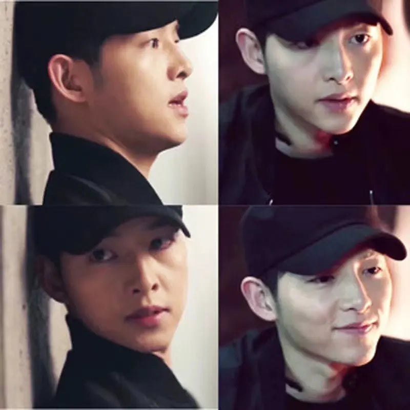 Solid color baseball cap, dark color, curved brim worn by model