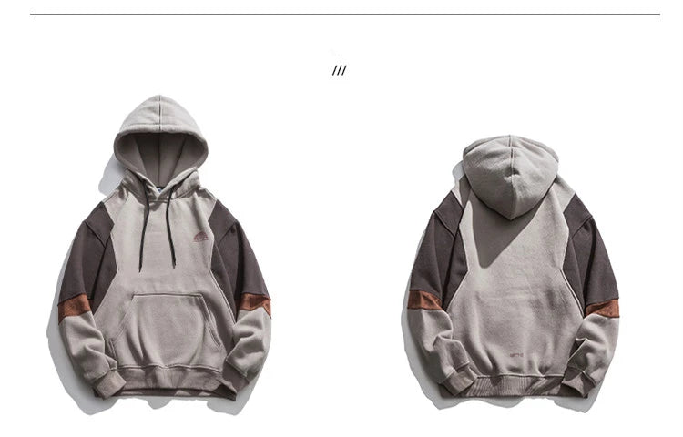 Men���s gray and dark gray hoodie set, front view and back view, with kangaroo pocket