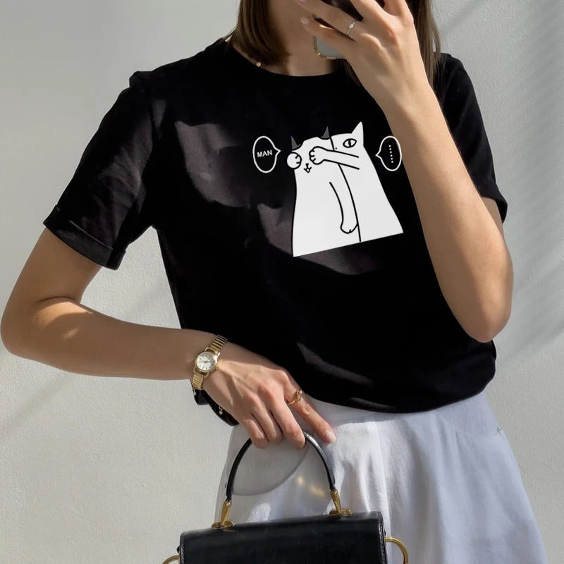 Black women short-sleeve shirt with cat graphic print on the chest