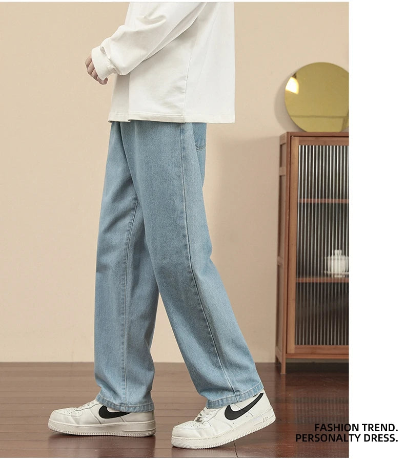 Fashion Men's Casual Ankle-Length Jeans Classic Man Straight Denim Wide-leg Pants.