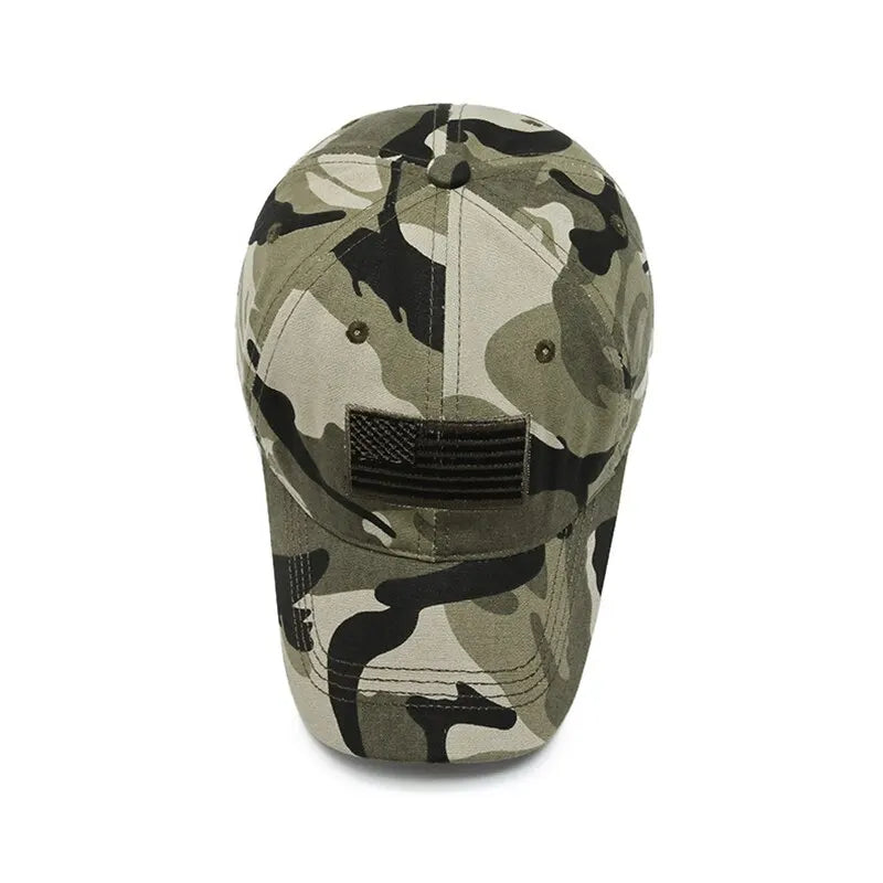 Camouflage baseball cap with curved brim and square textured front patch, rear view.