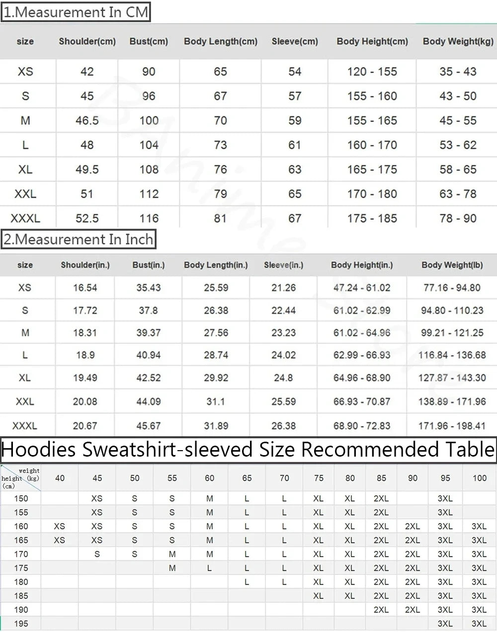 Hoodie size recommendation chart with measurements in cm and inches