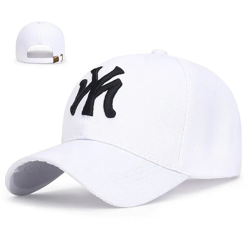 White baseball cap with curved brim and black NY logo patch on front