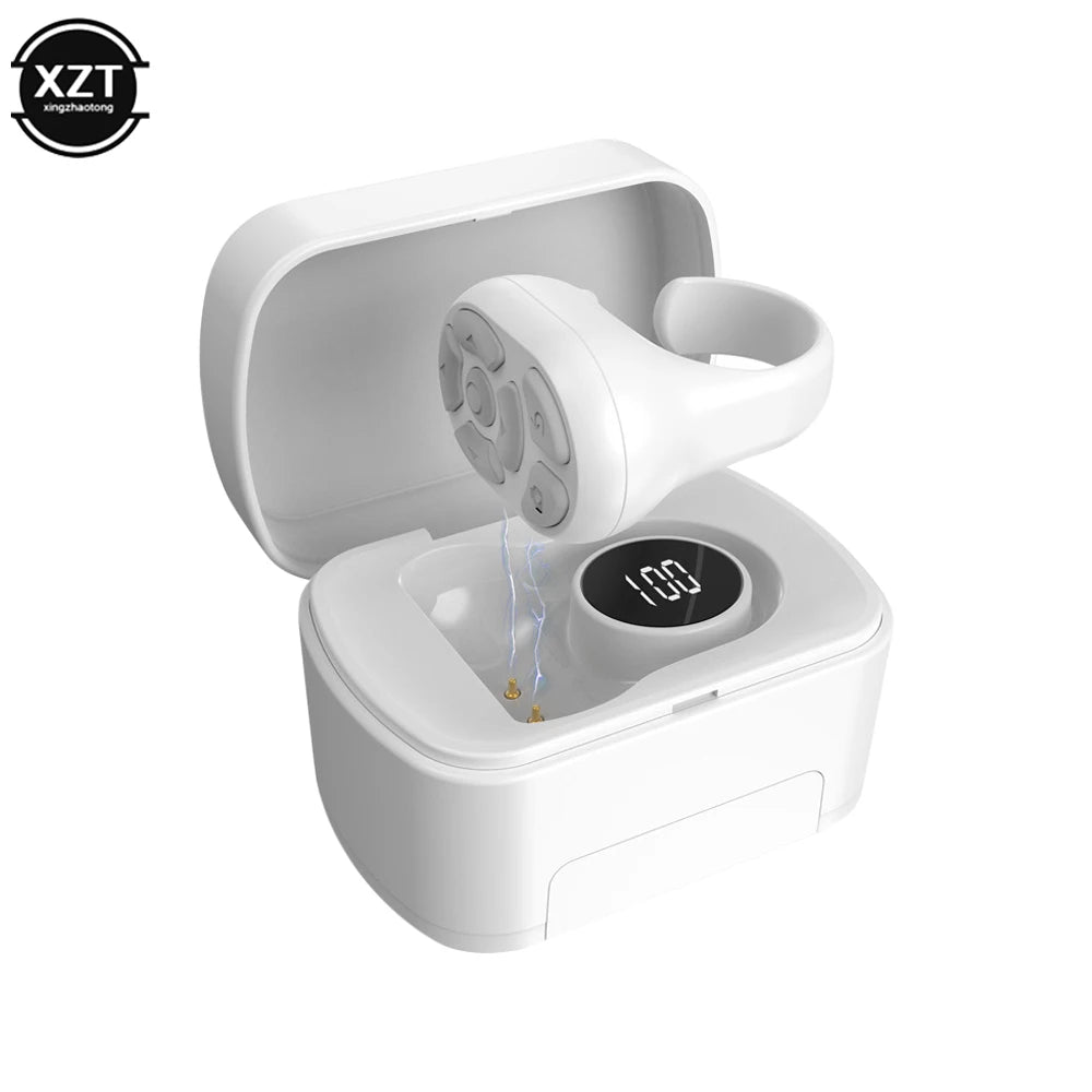 White ring Bluetooth page turner in open charging case, with illuminated button display