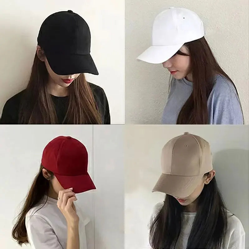 Solid color baseball cap set: black, white, red, and beige; curved brim