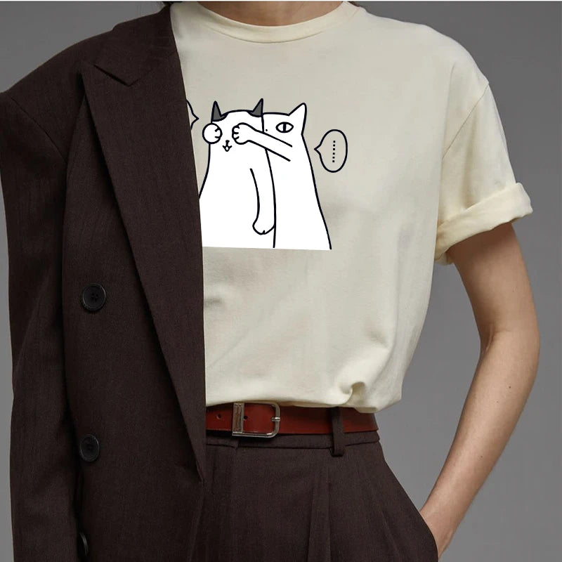 Light cream women short-sleeve shirt with cat graphic print at center chest