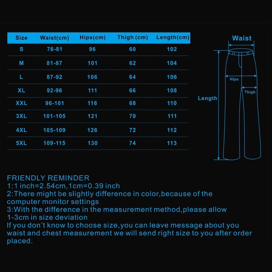 Cargo pants size chart showing waist, hips, thigh, and length (cm)