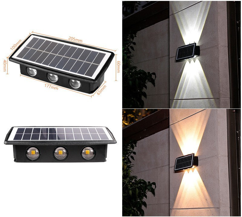 Solar wall light with rectangular solar panel and multi-LED white and warm beams